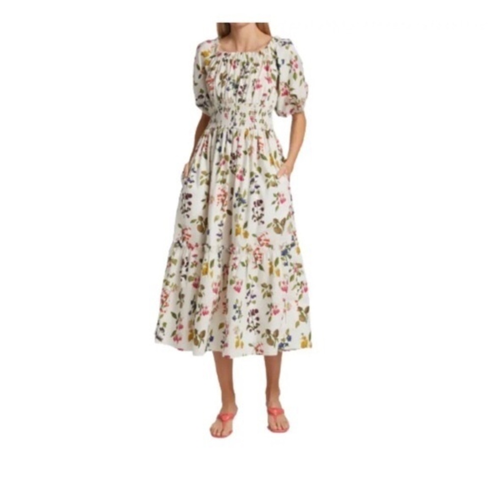 Cara Cara Mimi Dress - botanical floral berry print size M, midi length, white